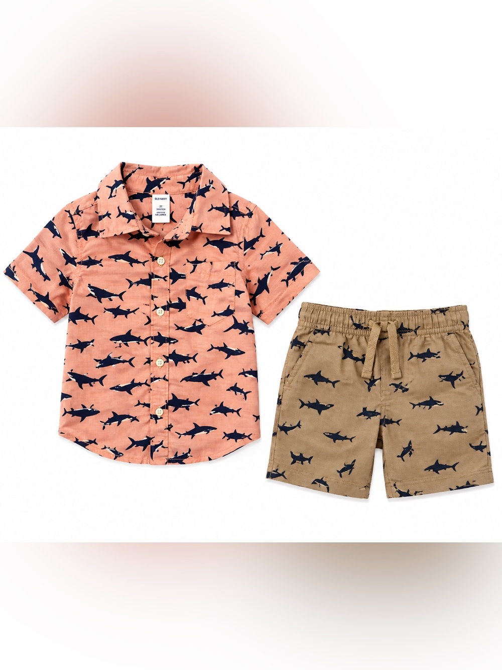 Old Navy Toddler Boys Shark Shirt & Shorts Outfit Set Pink Khaki 2T